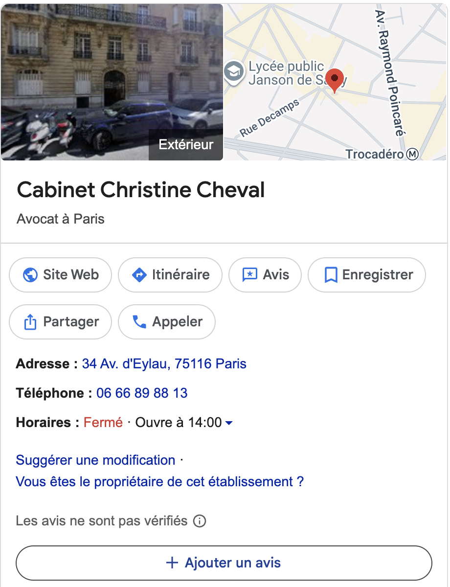 Fiche Google du Cabinet Christine Cheval, non revendiquee, zero avis